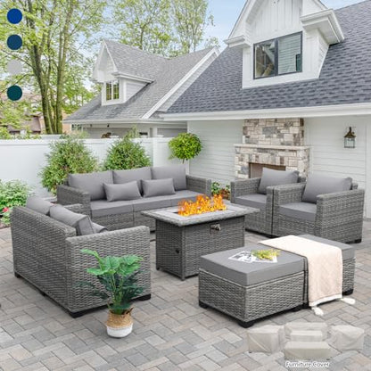 7-Piece Outdoor Furniture Sets Patio Furniture Set with 45-inch Fire Pit Patio Couch Outdoor Chairs 60000 BTU Propane Fire Pit Table with Non-Slip Cushions Waterproof Covers, Light Grey
