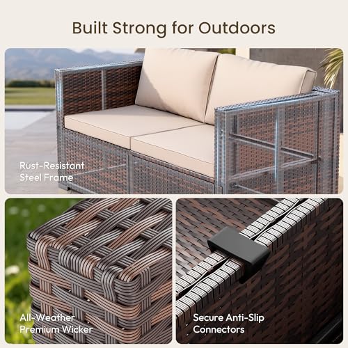 Patio Furniture Set - All-Weather -5 Piece Outdoor Patio Conversation Couch Sets, Modular Wicker Rattan Sectional Sofa for Garden, Patio, Poolside, Backyard, Balcony, Porch,Khaki