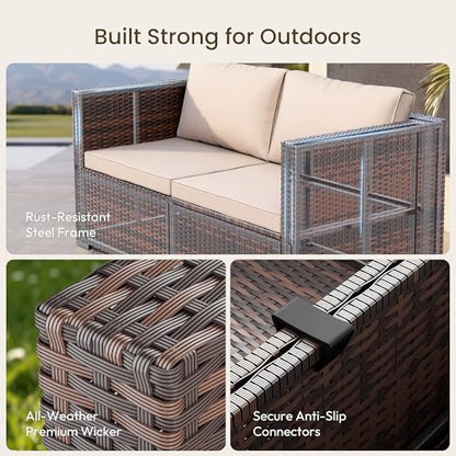 Patio Furniture Set - All-Weather -5 Piece Outdoor Patio Conversation Couch Sets, Modular Wicker Rattan Sectional Sofa for Garden, Patio, Poolside, Backyard, Balcony, Porch,Khaki
