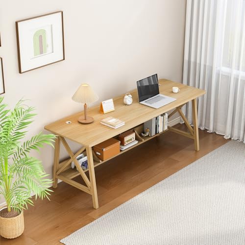 NELYE Extra Long Writing Desk with Bookshelf, 47" Wx16 Dx30 H, Oak, view 8