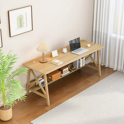 NELYE Extra Long Writing Desk with Bookshelf, 47" Wx16 Dx30 H, Oak, view 8