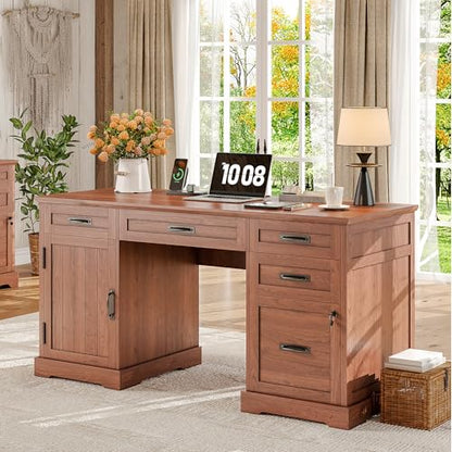 55'' Farmhouse Desk Home Office with Drawers, Brown, view 2