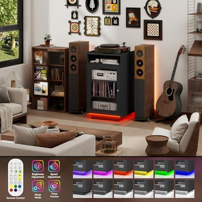 Media Cabinet with Glass Door, 5 Tier Stereo Cabinet, Black, view 7