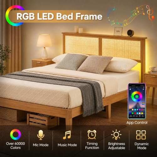 Eclectic Rattan Bed Frame with Natural Headboard & RGB LED Lights, Full Size, view 4