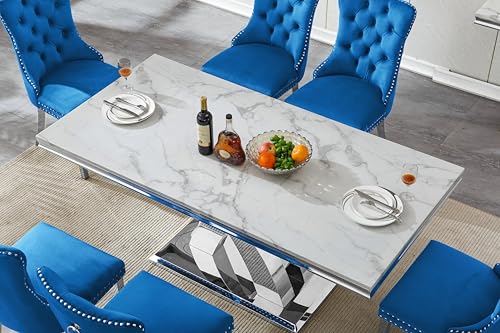 68.11" White Dining Table, Luxurious Marble Table Dining with 0.71" Thick Printed Marble Tabletop and Silver Stainless Steel Pedestal, Modern Kitchen Dining Room Table for 8