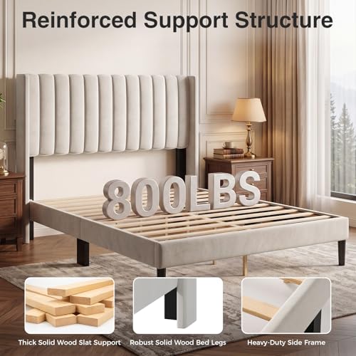 Beige Upholstered Full Bed Frame with Headboard, view 6