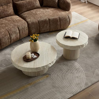 Set of 2 Round Coffee Tables for Living Room, 31.7" W x 13" H Faux Mars Circle Drum Pattern Modern Minimalist 23.82" W x16.93 Side Tables Accent End Table for Apartment, Office, Beige