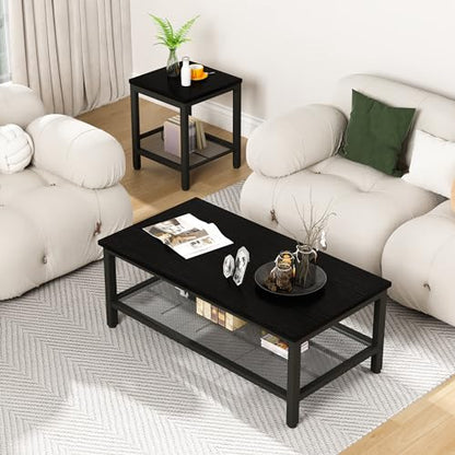 Coffee Table Set of 3, Industrial Coffee Table with 2 Square End Side Tables, Modern Living Room Table Set, with Metal Frame, for Apartment Home Office, Black