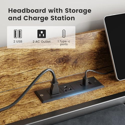 Full Size Bed Frame with Smart LED Light, Charging Station, view 6