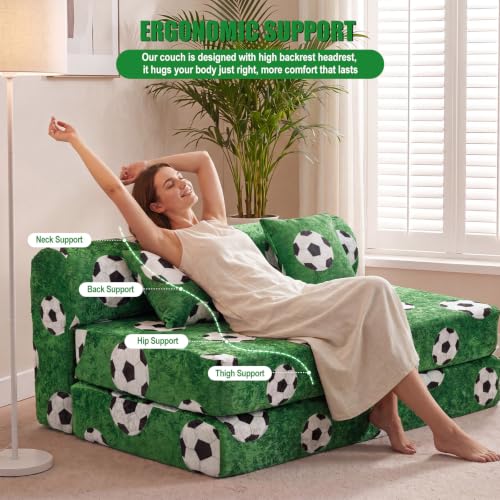 59" Convertible Sofa Bed with High Backrest & Washable Cover, Compression Boneless Couch in a Box, Sectional Loveseat Floor Sleeper Sofa for Bedroom, Living Room, World Cup, Football Green