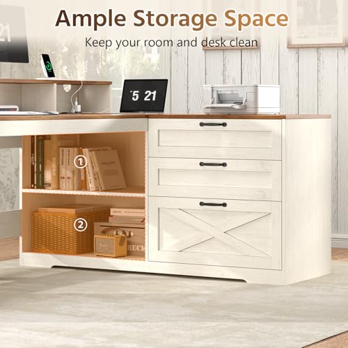 61" Farmhouse L Shaped Desk with Drawers ＆ Storage Shelves for Home Office, view 6