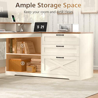 61" Farmhouse L Shaped Desk with Drawers ＆ Storage Shelves for Home Office, view 6