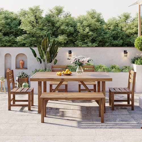 RUNNA 6 Piece Patio Dining Set, Acacia Wood, Indoor and Outdoor Furniture Sets for Backyard, Porch, Lawn, and Garden (Natural Wood@096)