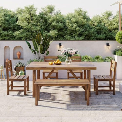 RUNNA 6 Piece Patio Dining Set, Acacia Wood, Indoor and Outdoor Furniture Sets for Backyard, Porch, Lawn, and Garden (Natural Wood@096)