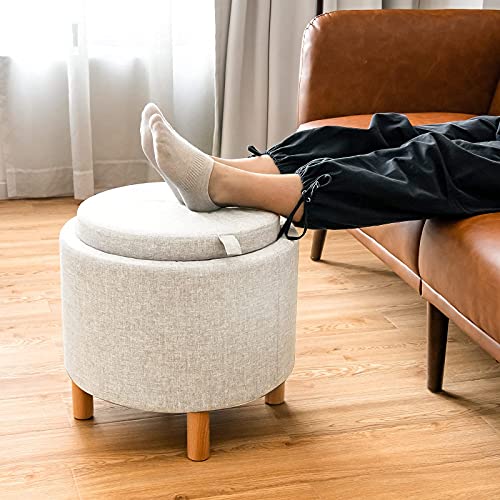Round Storage Ottoman with Tray Lid, Accent Storage Footstool w/Soft Padding, Fabric Sitting Stool w/Solid Wood Legs & Non-Slip Pads, Tray Top Coffee Table for Living Room, Bedroom (Beige)