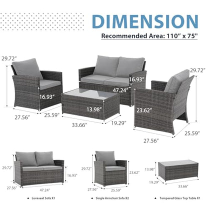 4 Pcs Patio Furniture Set, Wicker Patio Conversation Set, Light Gray | All-Weather PE Rattan, Outdoor Set with Loveseat, Armchair and Tempered Glass Coffee Table, 4 Seats, for Lawn, Deck, Backyard