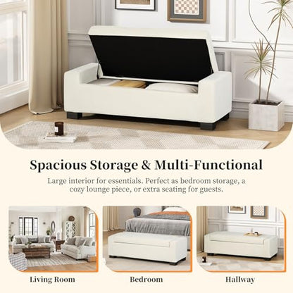50" Ottoman Bench with Storage, Upholstered Seating Foot Rest Stool Furniture for Bedroom, Living Room, Entryway, White
