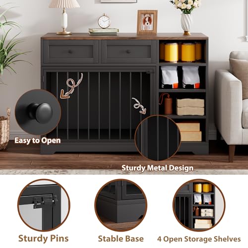 47" Dog Crate Furniture with Drawers and Open Shelves, Black, view 6