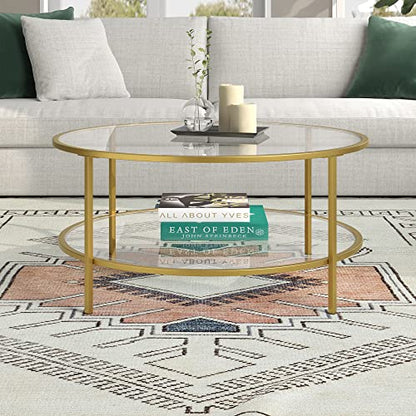36" Wide Round Coffee Table with Glass Top in Brass, Round Coffee Table for living room, studio apartment essentials