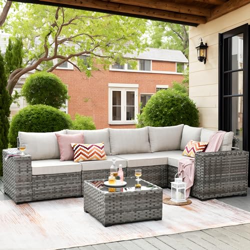 6 Pieces Patio Furniture Set, Outdoor Wicker Sectional Sofa with Coffee Table Comfy Cushions, Modern Modular Deep Seat Couch Rattan Conversation Set, Beige
