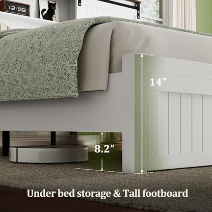 Farmhouse King Size Bed Frame Wood with Headboard Storage, White, view 6