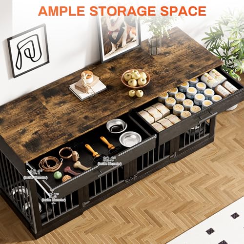72" Double Dog Crate Furniture with Drawers and Divider, Black, view 3