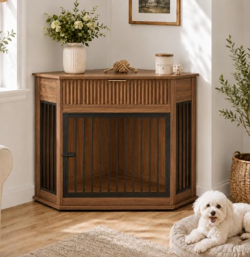 Wooden Corner Dog Crate Furniture for Small & Medium Dogs (Walnut), view 2