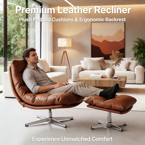 Brown Swivel Lounge Chair with Ottoman and Footrest, view 7