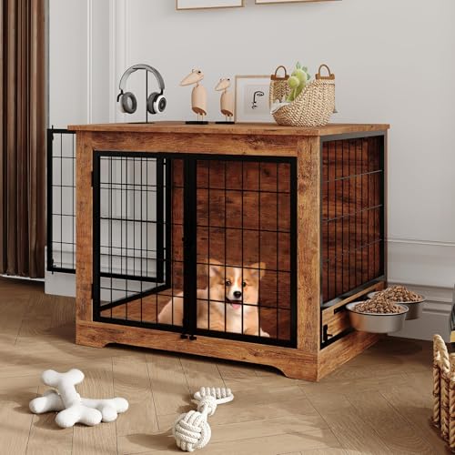 Dog Crate Furniture with 360° Rotatable Bowls, view 7