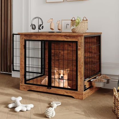 Dog Crate Furniture with 360° Rotatable Bowls, view 7