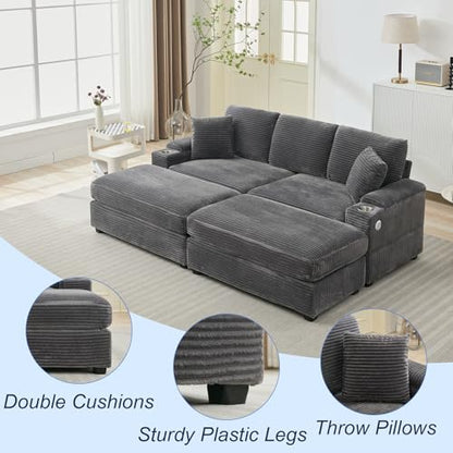86.6" Sectional Sofa Couch with 2 Ottomans, Comfy Corduroy Upholstered Cloud Modular Convertible Couch with Cup Holders and USB, Armrest Storage, Deep Seat Oversized Loveseat for Living Room, Grey