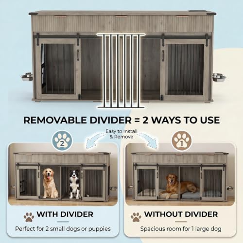 71" XXL Double Dog Crate TV Stand for Large Dogs, Wooden Kennel (Grey Oak), view 5