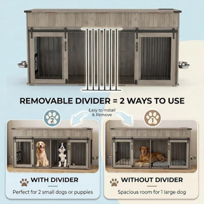 71" XXL Double Dog Crate TV Stand for Large Dogs, Wooden Kennel (Grey Oak), view 5