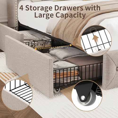 King Size Bed Frame with Storage Drawers and Wingback Headboard Linen, view 4