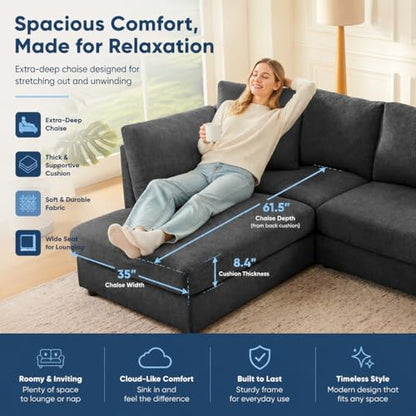 100" L-Shaped Sectional Couch with Reversible Deep Chaise, Grey | Comfy Chenille Modular Sectional Sofa, 4-Seater Corner Couch for Living Room, Apartment, Home Theater, Removable Covers