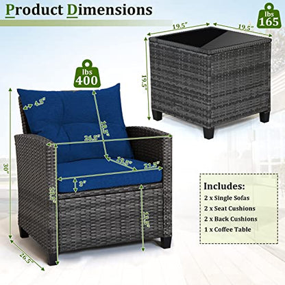 Wicker Patio Furniture Sets - 3 Pieces Patio Rattan Sofa Set, Outdoor Conversation Set with Tempered Glass Tabletop, Heavy-Duty Steel Frame, Wicker Chair Set for Poolside, Backyard, Navy
