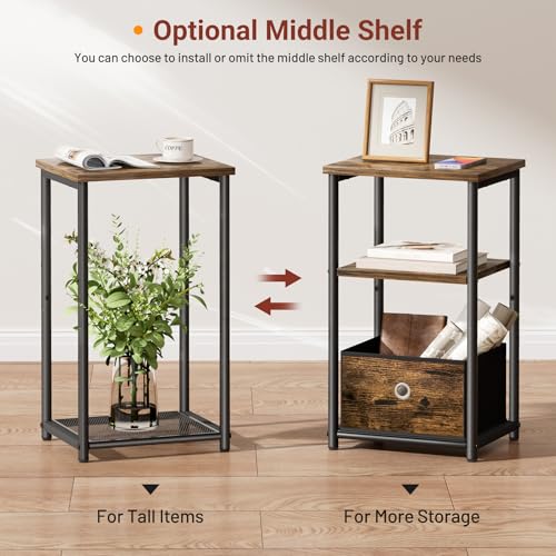3 Tier Small Side Table with Storage Basket, Living Room End Tables for Small Space, Bedside Nightstand for Bedroom, Sofa Couch, Rustic Brown and Classic Black
