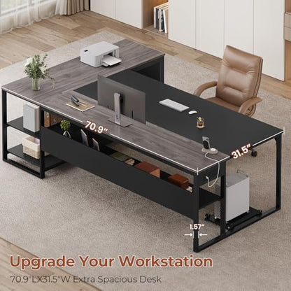 71" Executive Desk, L Shaped Office Desk with Widen File Drawers, view 7