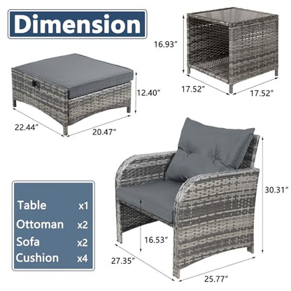 5 Pieces Wicker Outdoor Patio Chairs with Ottomans, All Weather PE Rattan Outdoor Conversation Set Bistro Patio Furniture Set with Hidden Ottoman for Porch Backyard Balcony, Grey