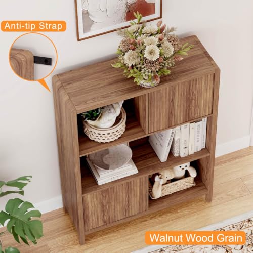 Bookshelf with Storage, 5 Cube Bookcase with Doors, Farmhouse Wood Cube Storage Organizer for Home Office, Bedrooom, Living Room (Walnut)