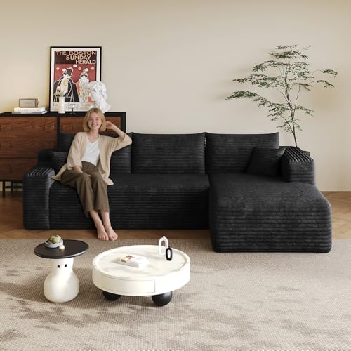 96.5" L-Shape Boneless Modular Sectional Cloud Couch in a Box with Chaise Modern Comfy Corduroy couches for Living Room-Memory Foam Compressed Sofa,No Assembly Required(Black)