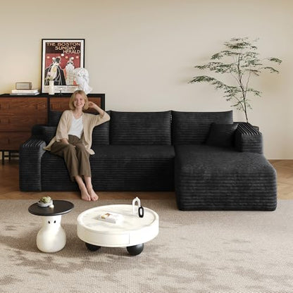 96.5" L-Shape Boneless Modular Sectional Cloud Couch in a Box with Chaise Modern Comfy Corduroy couches for Living Room-Memory Foam Compressed Sofa,No Assembly Required(Black)