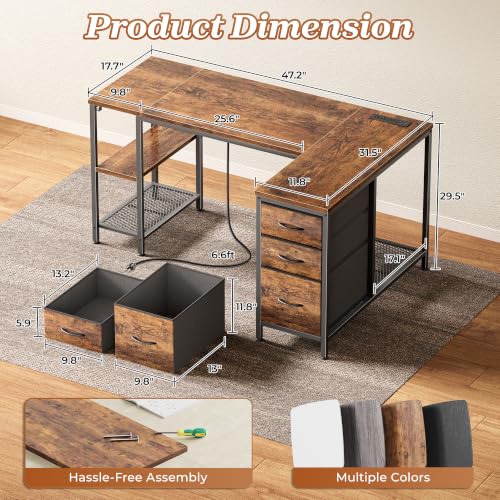 47.2'' L Shaped Office Desk with Power Outlets and 3 Drawers, view 4