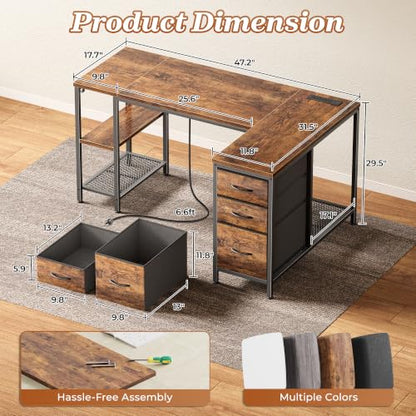 47.2'' L Shaped Office Desk with Power Outlets and 3 Drawers, view 4