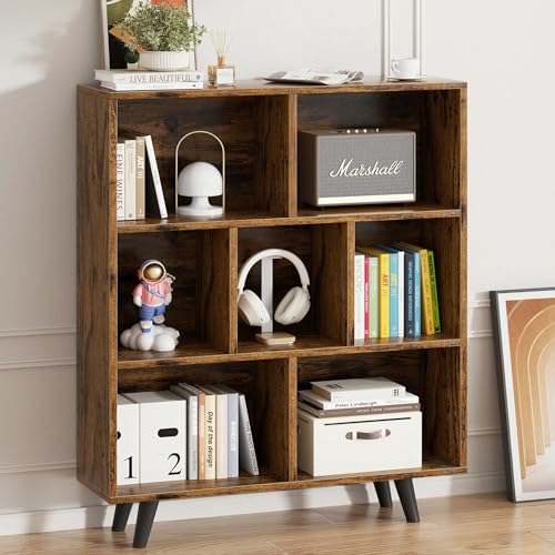 7 Cube Bookshelf, 3 Tier Mid-Century Modern Bookcase with Legs, Wooden Bookshelf Storage Organizer Display Bookcase for Bedroom, Living Room, Office, Rustic Brown