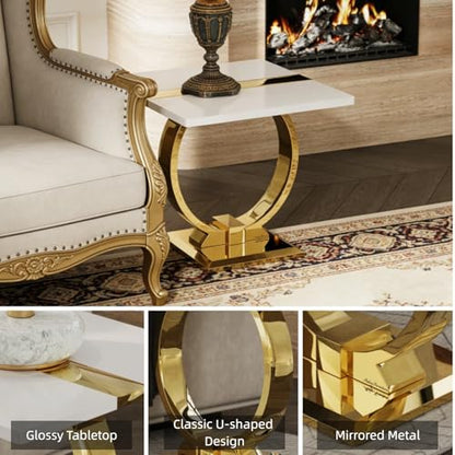 White and gold square end table with polished metal U-base, view 7