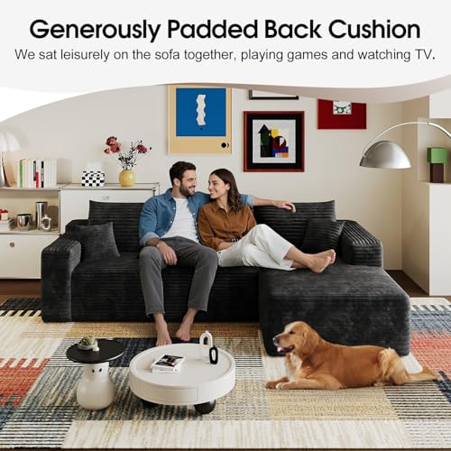 96” L - Shape Boneless Modular Sectional Cloud Couch with Chaise - Modern Comfy Corduroy Compressed couches for Living Room - Memory Foam Sofa, No Assembly Required (Black)