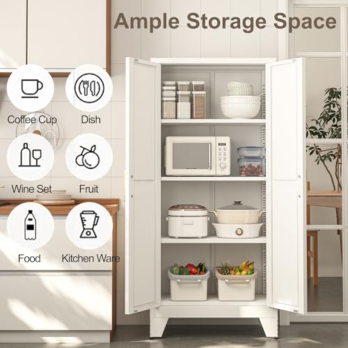 61H Metal Storage Cabinet with 2 Doors and Adjustable Shelves,Farmhouse Storage Cabinet with Barn Doors,Pantry Storage for Home,Office,Bathroom,Dining Room,Kitchen(White)