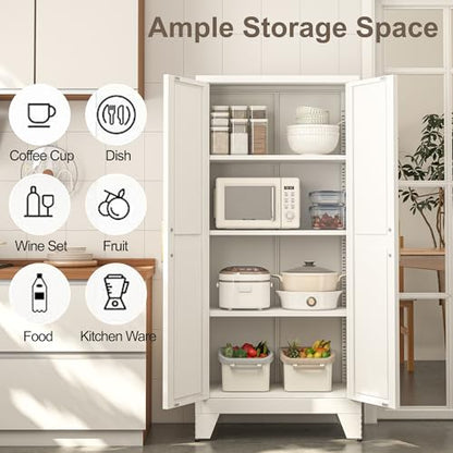 61H Metal Storage Cabinet with 2 Doors and Adjustable Shelves,Farmhouse Storage Cabinet with Barn Doors,Pantry Storage for Home,Office,Bathroom,Dining Room,Kitchen(White)