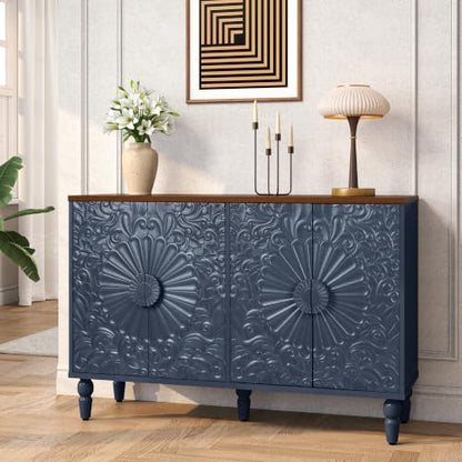 Blue Sideboard Buffet Cabinet with Embossed Floral Doors, view 2